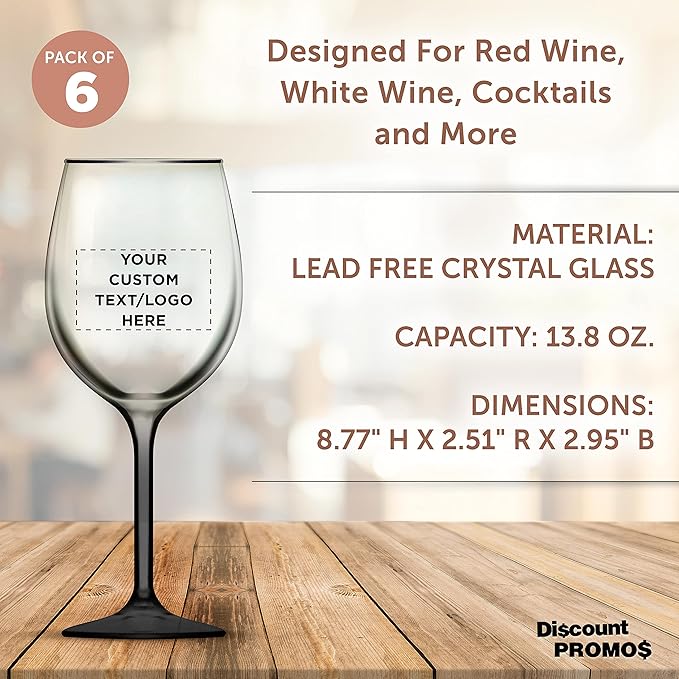 Custom Wine Glasses 14 oz. Set of 6, Personalized Bulk Pack - Restaurant Glassware, Perfect for Red Wine, White Wine, Cocktails and More - Black