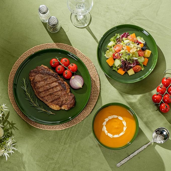 Plates and Bowls Sets, 12 Piece Ceramic Dinnerware Set for Family and Gatherings,Dishes Set for 4,Dishwasher & Microwave Safe, Handcrafted Dishware Sets，Elegant Green