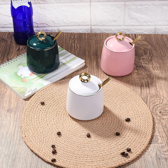 Ceramic Sugar Bowls with Stainless Steel Spoon Salt Bowl with Lid for Home and Kitchen White