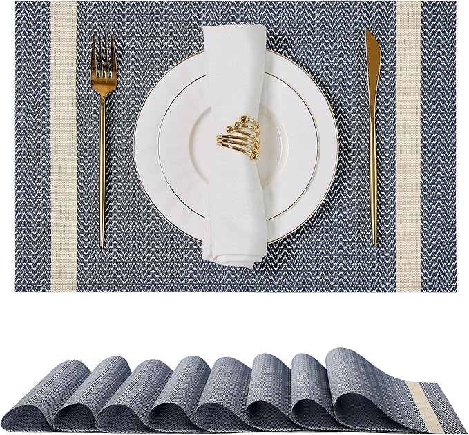 Leetaltree Sparkling Dark Blue Vinyl Woven Placemats Set of 8 - Washable Dining Table Place Mats Striped, Suitable for Wedding, Anniversary, Daily Use
