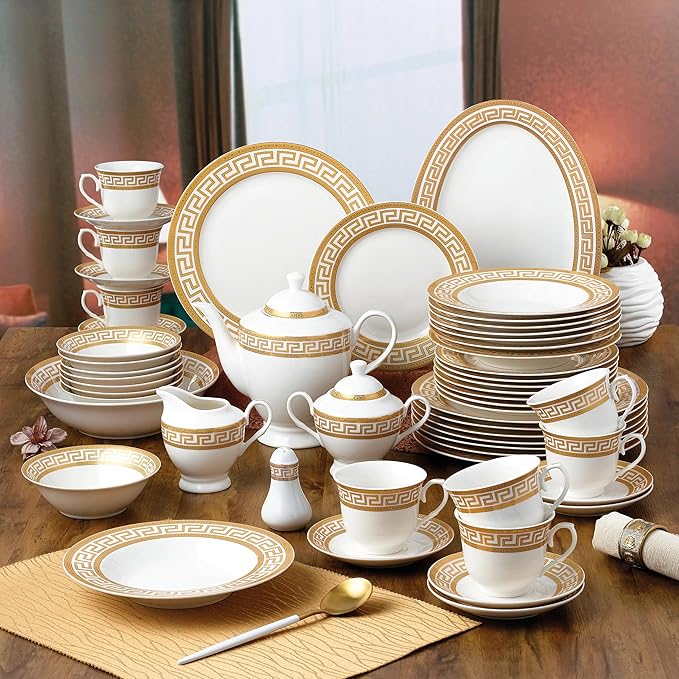 G1347-57G, 57-PCs Bone China Porcelain Dinnerware Set, Antique Greek Designed Tableware Set, Dining Table Setting for 8, Set of 57