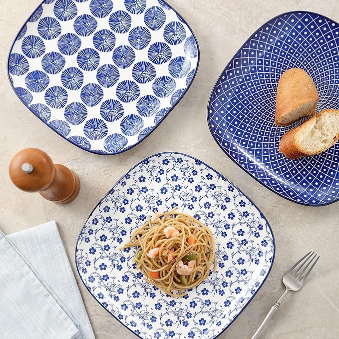 Selamica Porcelain Square Dessert Salad Pasta Steak Plates 10 inches ceramic plates set of 6 microwave/dishwasher/oven safe, Vintage Blue
