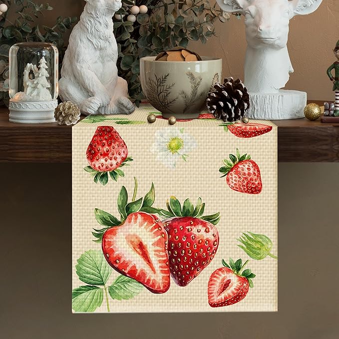 Strawberry Table Runner Seasonal Spring Kitchen Dining Linen Table Decoration for Indoor Outdoor Home Party Decor 13 x 72 Inch