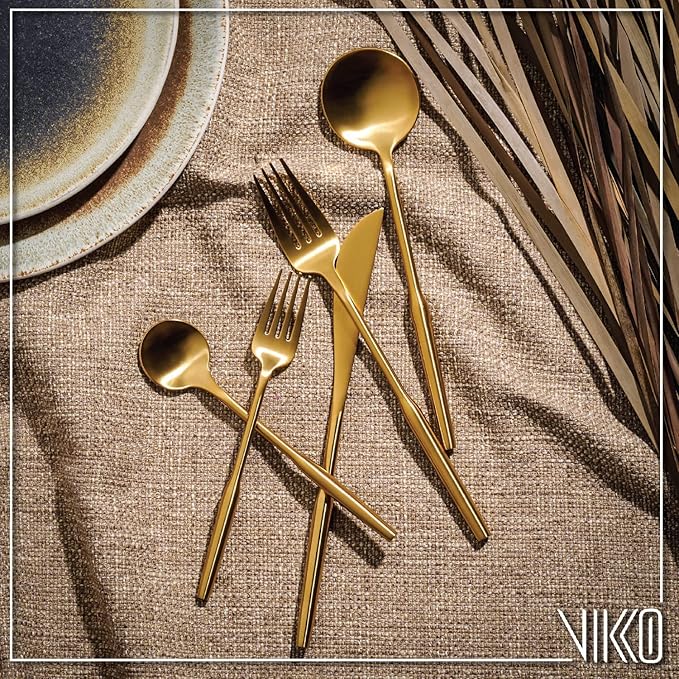 Vikko Modern Gold Silverware Set: Unique Brushed Gold Flatware Set - Satin Matte - 18/10 stainless steel flatware For Upscale Dining and Entertaining- 20 Piece Cutlery Set - Service for Four (4)