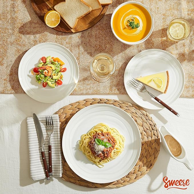 Sweese Porcelain Dinnerware Sets for 6, 18 Pieces Ceramic Plates and Bowls Sets, Handcrafted Minimalist Dinner Set, Chip and Scratch Resistant Dish Set, Dishwasher & Microwave Safe, White