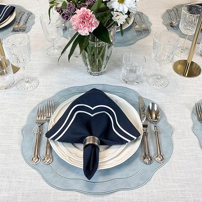 Embroidered Scalloped Faux Leather Placemats Set of 4 - Earth Tone, Soft, Wipeable Luxury Dinner Table Mats for Dining & Wedding, 17.25" x 15", Light Blue Gray