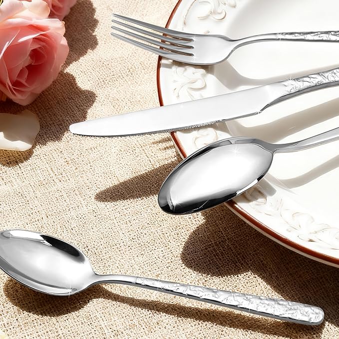 40-Piece Hammered Silverware Set for 8, Stainless Steel Cutlery with Unique Lava Texture, Nickel Free Spoons & Forks Set, Dishwasher Safe Flatware, Elegant Design for New Home Gifts
