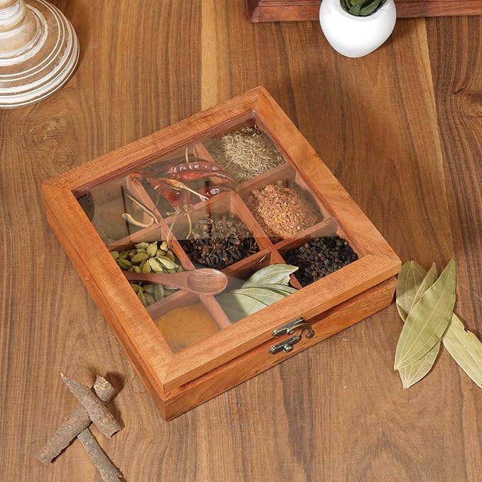 Ajuny Wooden Spice Box 8x8 Inch - Decorative Masala Dabba Organizer with Glass Lid, 9 Fixed Compartments & Spoon, Spice Storage Container, Ideal for Seasonings & Herbs, Perfect for Gift