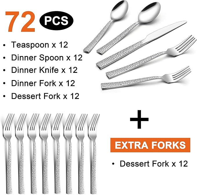 72-Piece Hammered Silverware Set with Extra Forks, LIANYU Stainless Steel Flatware Cutlery Set for 12, Fancy Square Eating Utensils Tableware, Dishwasher Safe