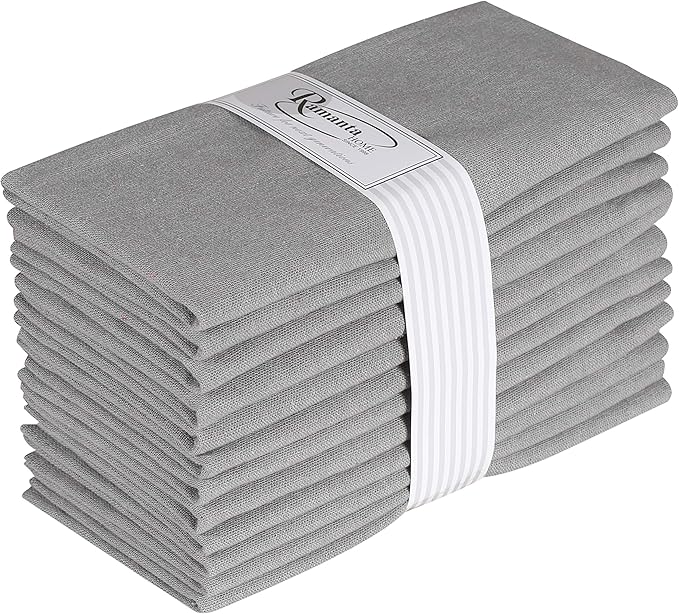 Ramanta Home Light Grey Cotton Dinner Napkins Set of 12, 18x18 Inch 100% Cotton Cloth Napkins, Reusable Fabric Table Napkins for Everyday Dining, Parties, Wedding, Spring & Easter Table Décor Washable