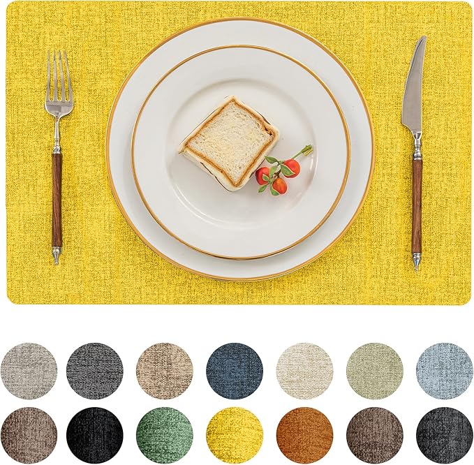 Romanstile Vinyl Placemats Set of 8-12 X 17 Inch - Faux Leather 100% Waterproof Oil-Proof Wipeable Place Mats, Heat Resistant Reversible PU Table Mats for Kitchen Dining Party Outdoor, Yellow