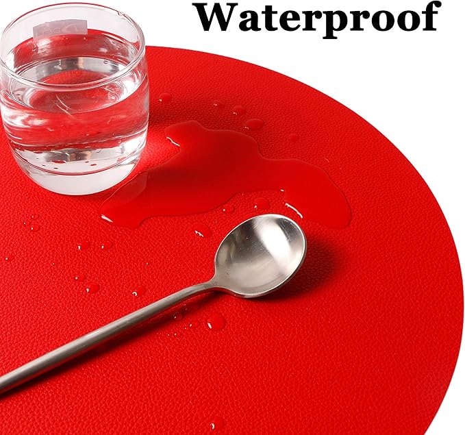 Wipeable Placemats and Coasters Leather Table Mats Waterproof Heat-Resistant Easy to Clean for Dining Table Set Kitchen Table Set of 4, Red