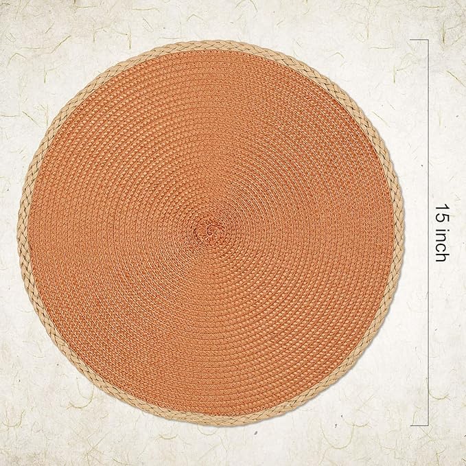 Noctiflorous Round Placemats Set of 4, 15 Inch Braided Hand Woven Table Mats, Heat Resistant Non-Slip Wipeable Thin Edge Place Mats for Kitchen Dining Indoor Outdoor Use(Orange, 4)