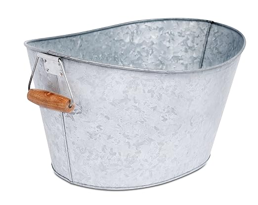 BIRDROCK HOME Galvanized Beverage Tub, Caddy and Tray Set - 3 Piece - Party Tray Platter Drink Holder - Silverware Caddy - Wooden Handles