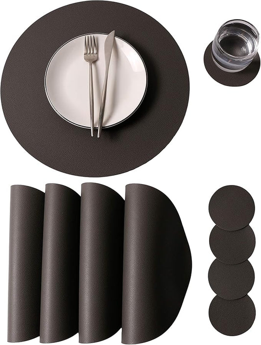 Wipeable Placemats and Coasters Leather Table Mats Waterproof Heat-Resistant Easy to Clean for Dining Table Set Kitchen Table Set of 4, Gary