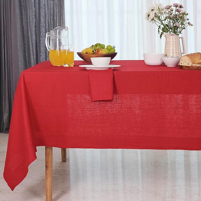 D'Moksha Homes Bright Red Linen Tablecloth 54 x 72 Inch - 100% Pure Linen Tablecloth for Rectangle Tables - Machine Washable Table Cloth for Winter, Christmas, Holiday, New Year
