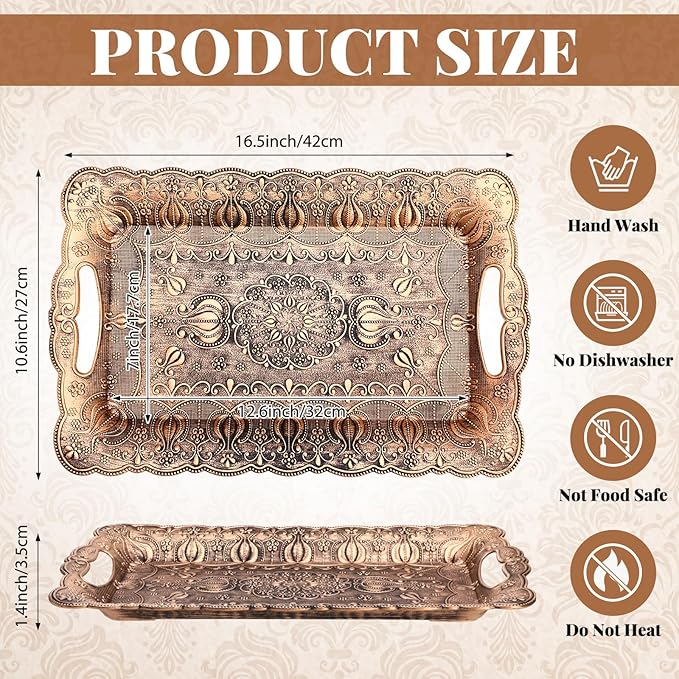 LemonRoad 6 Packs Plastic Old Gold Serving Trays with Handles 17 x 11 inch Retro Vintage Embossing Rectangle Reusable Party Snack Decorative Serving Trays for Tea Coffee Fruit Dessert