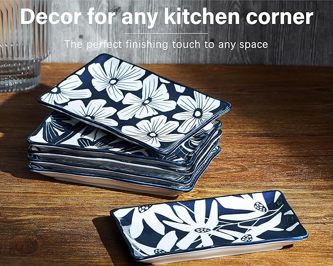 ONEMORE Rectangular Serving Plates Set of 6-7.5 inch Ceramic Blue and White Appetizer Plates - Microwave, Oven & Dishwasher Safe, Classic Style, Sturdy, Scratch Resistant - Vintage Blue