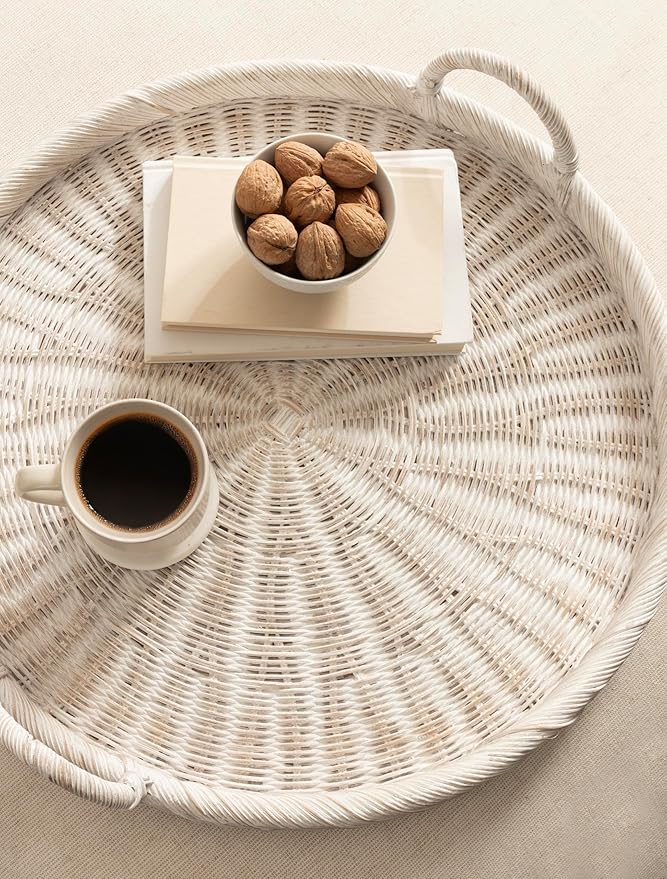Kate and Laurel Cormont Modern Round Woven Rattan Tray with Handles; 23 Inch Diameter; Whitewash Rattan; Decorative Circle Boho Tray for Use as Versatile Ottoman Tray or Serving Platter