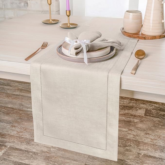 D'Moksha Homes Linen Light Natural Table Runner 72 Inches Long - 100% Pure Linen Hemstitch Table Runner 14 x 72 Inch for Dresser, Dining, Winter, Christmas, Holiday, New Year - Classic Hemstitch