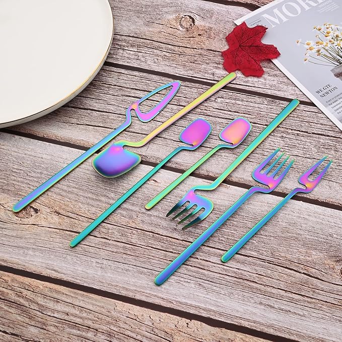 JASHII 28-Piece Rainbow Silverware Flatware Set for 4, 304 Stainless Steel Colorful Eating Utensils Cutlery, Tableware for Home Restaurant Party - Hanging Cup - Dishwasher Safe