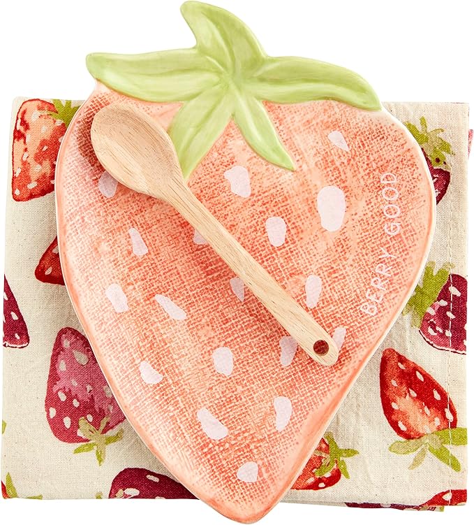Mud Pie Strawberry Appetizer Set; Plate Approx 7" X 5 1/2" | Spoon 5 1/2" | Towel 26" X 16 1/2"
