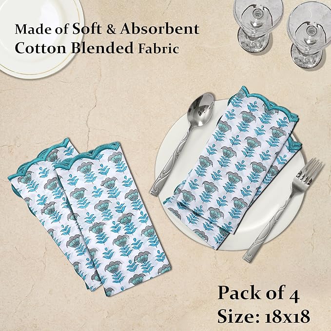 Ridhi Hand Block Print Aquamarine Blue 18" x 18" (Set of 4) Embriodery Table Napkins Reusable Cotton Dinner Napkins for Weddings, Parties, Everyday Dining Gift for Spring, Easter, Valentine