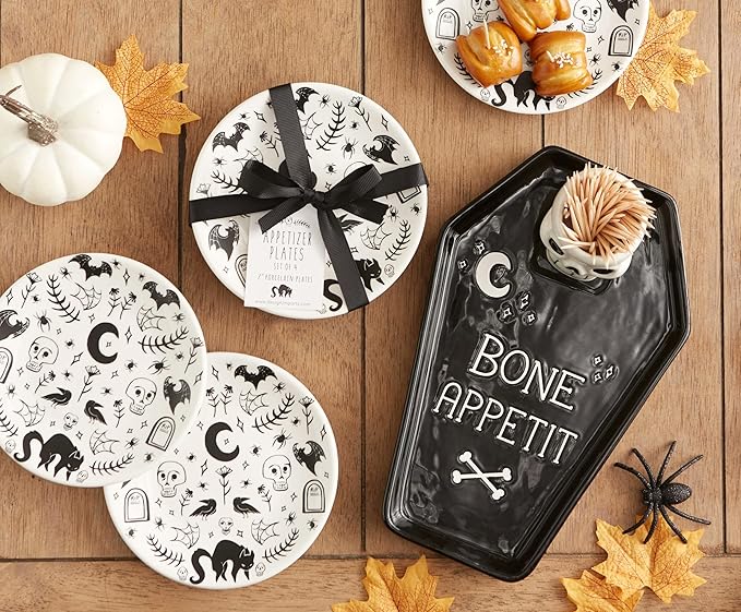 DII Halloween Appetizer Plates, 7 inch Porcelain, Set of 4, Black and White Spooky Design