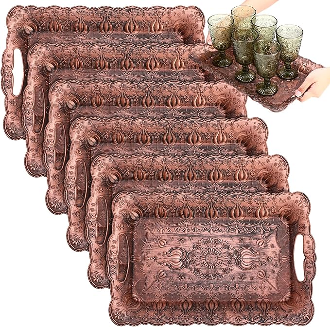 LemonRoad 6 Packs Plastic Copper Serving Trays with Handles 17 x 11 Inch Retro Vintage Embossing Rectangle Reusable Party Snack Decorative Serving Trays for Tea Coffee Fruit Dessert