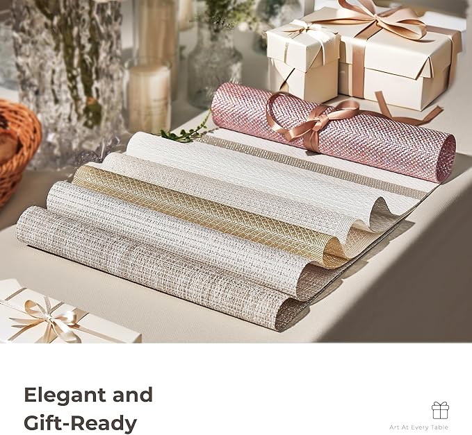Leetaltree Luxury Gold Sequin Placemats Set of 6 - Waterproof Washable for Wedding, Anniversary, Daily Use - Sparkling Table Decor - Hand-Cut