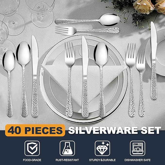 HaWare Hammered Silverware Set, 40-Piece Stainless Steel Flatware Set Serving for 8, Food-Grade Tableware Cutlery Set, Reusable Eating Utensil Sets for Home Restaurant, Mirror Polish, Dishwasher Safe