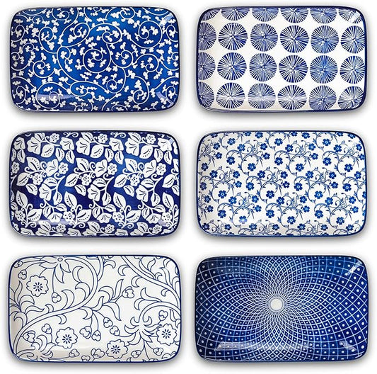 Selamica Ceramic 8 inch Rectangular Salad Plates, Dinner Plates, Pasta Dessert Plates for Appetizer, Sushi, Fruit - Microwave/oven/Dishwasher Safe, Set of 6, Vintage Blue