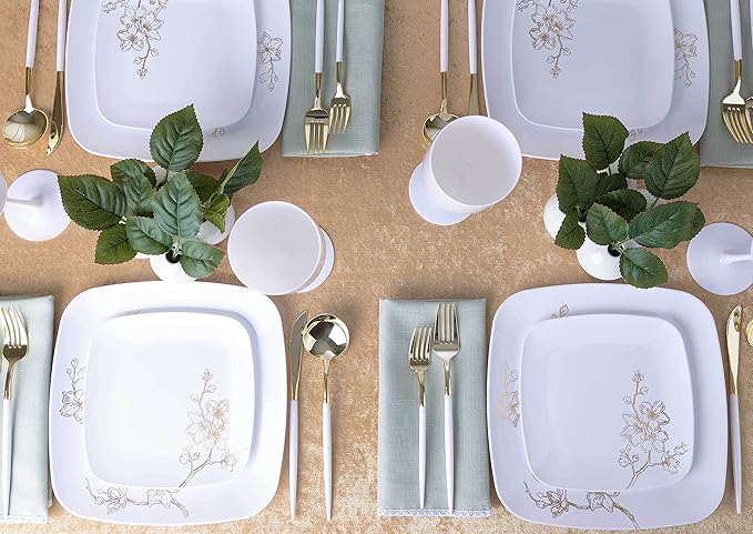 PLASTICPRO Square 128 Piece Combo Plates Set includes 64 x 7'' inch Salad Plates & 64 x 10'' inch Dinner Plate White Plastic Gold Buds Design Party Elegant, Tableware, Dishes,