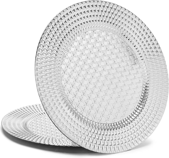 Set of 6 Silver Charger Plates 13 Inch, Round Plastic Chargers for Dinner Plates, Shiny Decorative Serving Platters for Banquet, Catering, Restaurant, Home Use