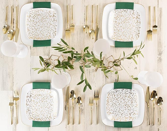 PLASTICPRO Square 128 Piece Combo Plates Set includes 64 x 7'' inch Salad Plates & 64 x 10'' inch Dinner Plates White Plastic With Gold Leafy Design Party Plates, heavyweight Elegant, Dishes,