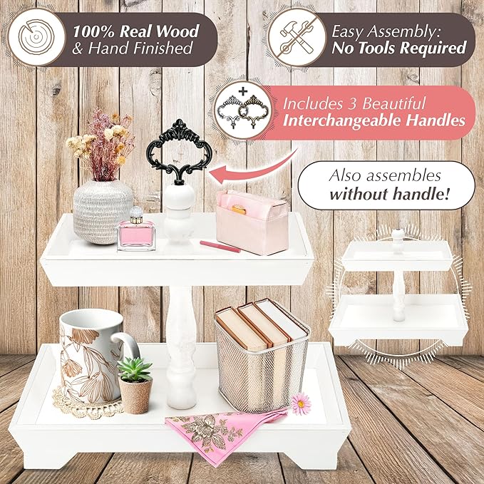 Rustic Wood Two Tiered Tray by Felt Creative Home Goods, Rectangle 2 Tier Serving Tray for Coffee Bar, Kitchen Counter, Dining Room Table, Cupcake Stand, Holiday and Farmhouse Decor (Rustic White)