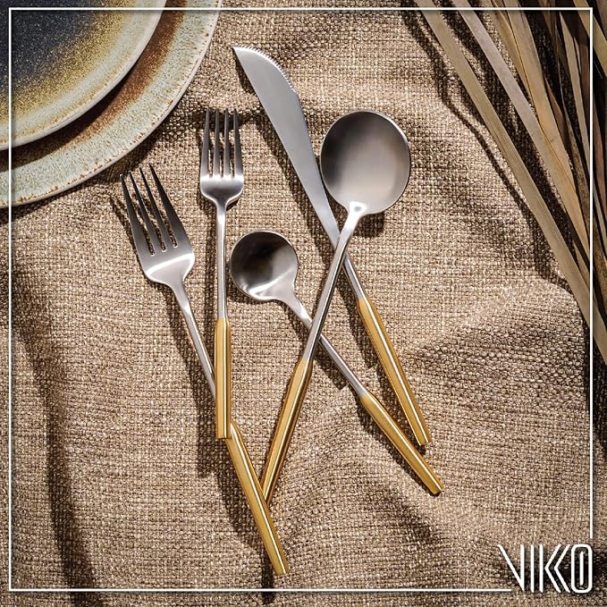 Vikko Modern Two-Tone Silverware Set: Unique Brushed Gold and Silver Flatware Set - Satin Matte - 18/10 stainless steel flatware For Upscale Dining - 20 Piece Cutlery Set - Service for Four (4)