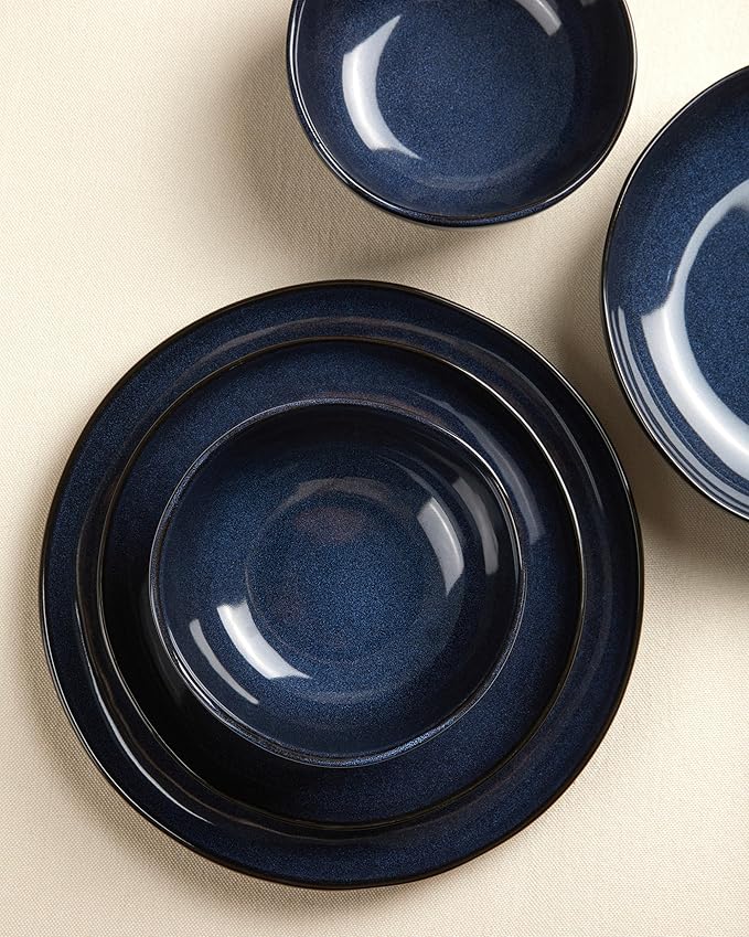 8 Inch Salad Plates Set of 6, Dessert & Side Plates with Wavy Rim-Stoneware, Dishwasher & Microwave Safe, Ceramic Plate Set, Starry Blue