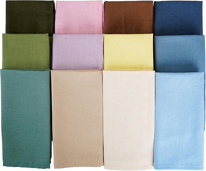 Solid Color Linen Blended Thin Dinner Cloth Napkins - Set of 12 (40 x 40 cm) - for Events & Home Use (Multicolored)