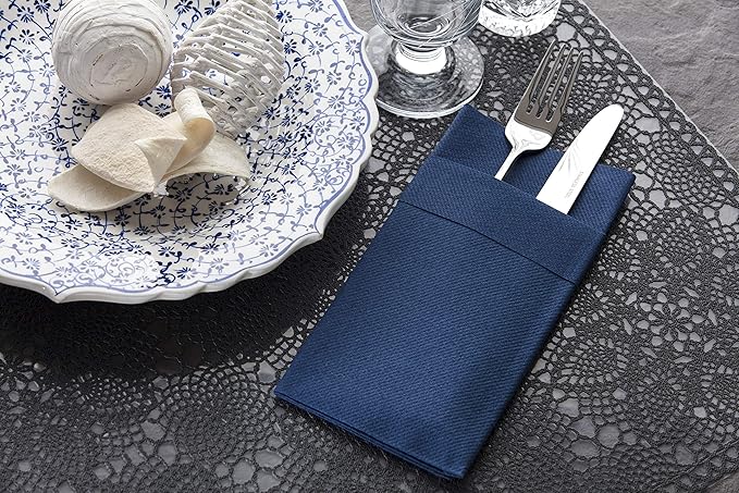 Navy Dinner Napkins Cloth Like with Built-in Flatware Pocket, Linen-Feel Absorbent Disposable Paper Hand Napkins for Kitchen, Bathroom, Parties, Weddings, Dinners or Events, 16x16 inches, Pack of 50
