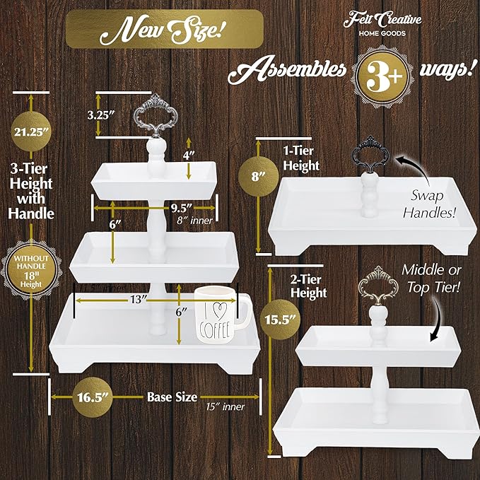 [3 in 1] 3 Tier Serving Tray - Gorgeous Coffee Table Tray (Includes 3 Handles) - Can Assemble into a 1, 2 or 3 Tier Serving Stands - Rectangle Wooden Kitchen Table Centerpiece Felt Creative Home Goods