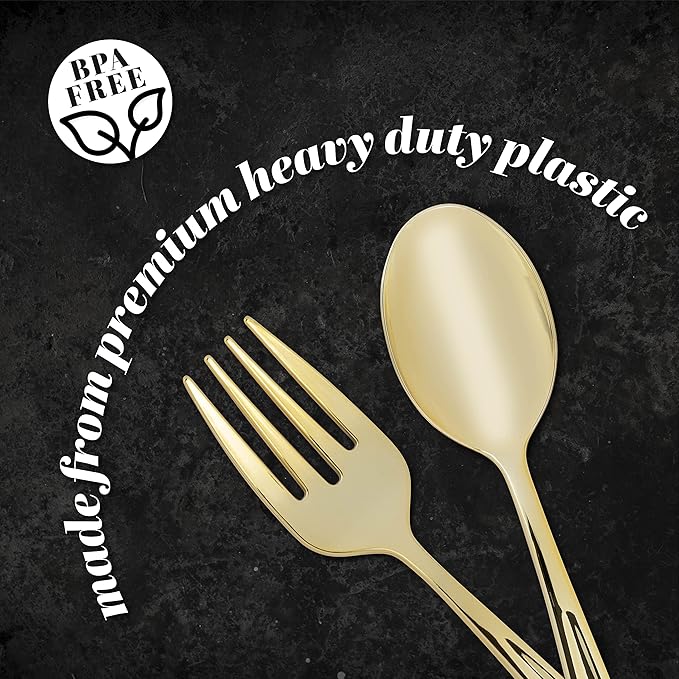 Plasticpro Disposable Plastic Gold Serving Utensils 12 Forks & 12 Spoons Durable Heavy Duty Premium Serving Utensils Gold 12 Sets