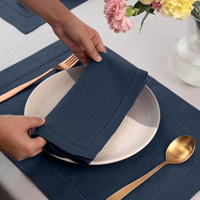 D'Moksha Homes Navy Blue Linen Napkins Set of 8 - Classic Hemstitch 100% Pure Linen Hemstitch Dinner Napkins 20 x 20 Inch for Winter, Christmas, Holiday, New Year - Handcrafted and Machine Washable
