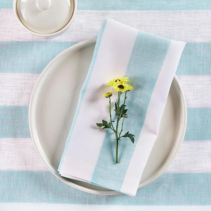 Solino Home Linen Cloth Napkins Set of 4-100% Pure Linen Aqua and White Striped Dinner Napkins 20 x 20 Inch - Cabana Stripe, Handcrafted and Machine Washable