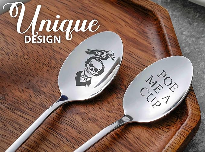 Edgar Allan Poe Gifts for Men & Women, 2 Pcs Engraved Stainless Steel Spoons, Perfect for Birthday & Christmas