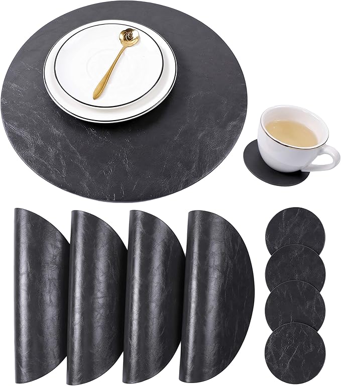 Jovono Set of 4 Round Placemats and Coasters, Faux Leather Table Mats and Desk Coasters, Plate mat Easy to Clean for Round Dining Rable, Diameter 13'' and 3.9'' Gray