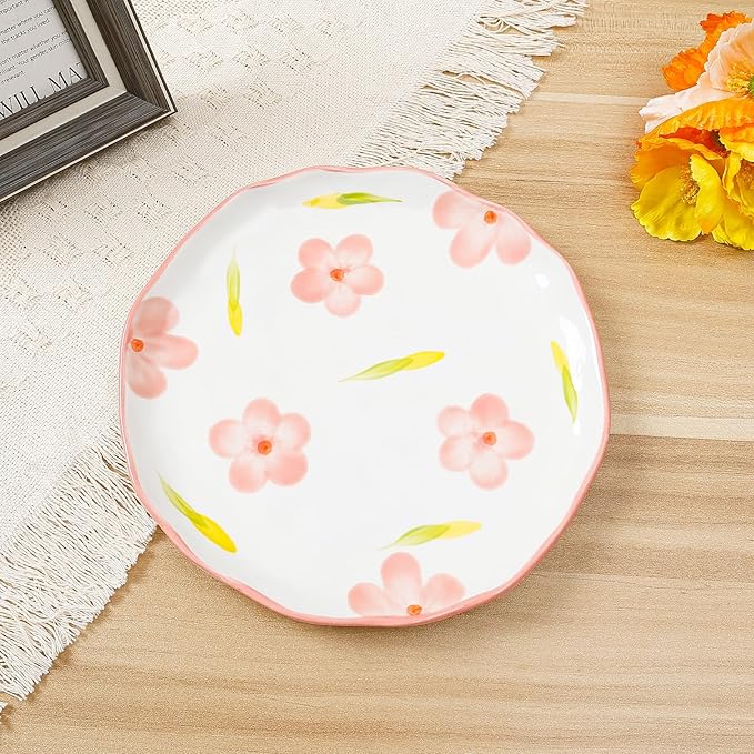 Koythin Floral Ceramic Dinner Plates, 8" Microwave Safe Dishes for Pasta, Modern Rustic Appetizer Plate for Salad Fruits Dessert Cake (Pink Large Petals)