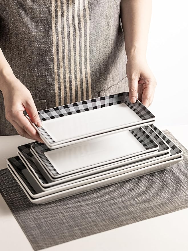 YHOSSEUN Ceramic Serving Platters Set of 4, Black and White Serving Platters and Trays for Food, Rectangular Halloween Plates Serving Dishes for Parties, Checkered, 12 Inch