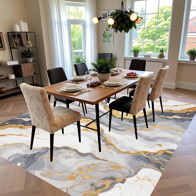 Liquid Marble Texture Design Indoor Area Rug Modern Abstract Grey White Gold Large Rugs for Living Room Bedroom Dining Room Soft Anti Slip Thin Carpet 5x8 Farmhouse Dorm Nursery Unique Floor Mats