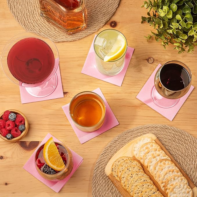 AH AMERICAN HOMESTEAD Paper Cocktail Napkins - Linen-Like Disposable Beverage Bar Napkins 4.75" x 4.75" - Bulk Square Napkins - Ideal for Party or Wedding (Pink -100 Count)